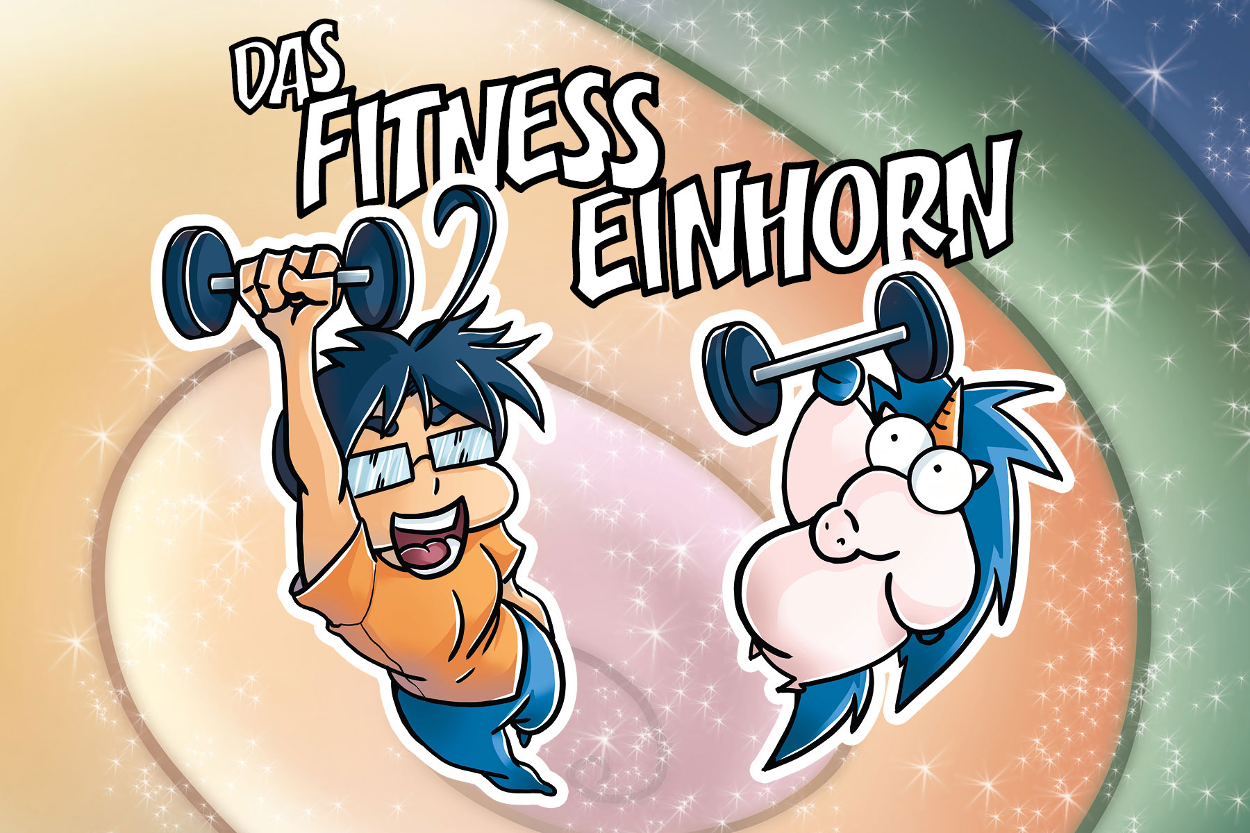 Eine Person und ein Einhorn springen vom Regenbogen und halten Gewichte.