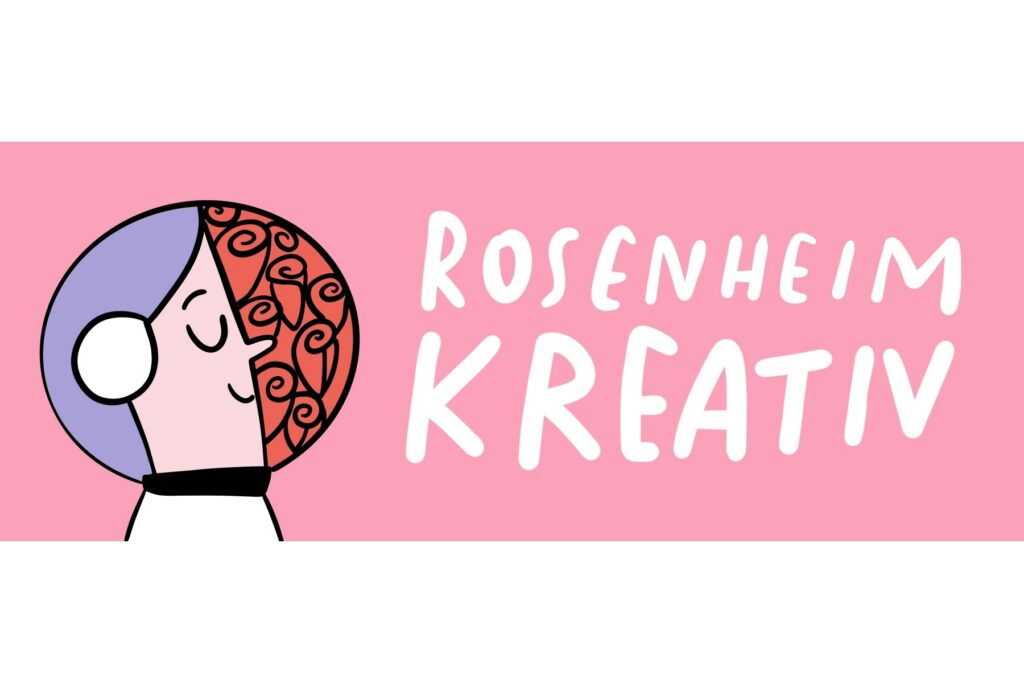 Auf einem rosa Hintergrund ist das Rosenheim Kreativ Logo zu sehen
