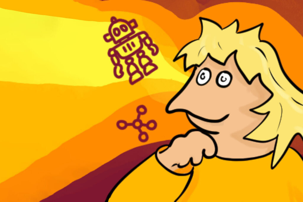 Eine Person mit blondem Haaren lächelt und hat einen orangenen Hintergrund.