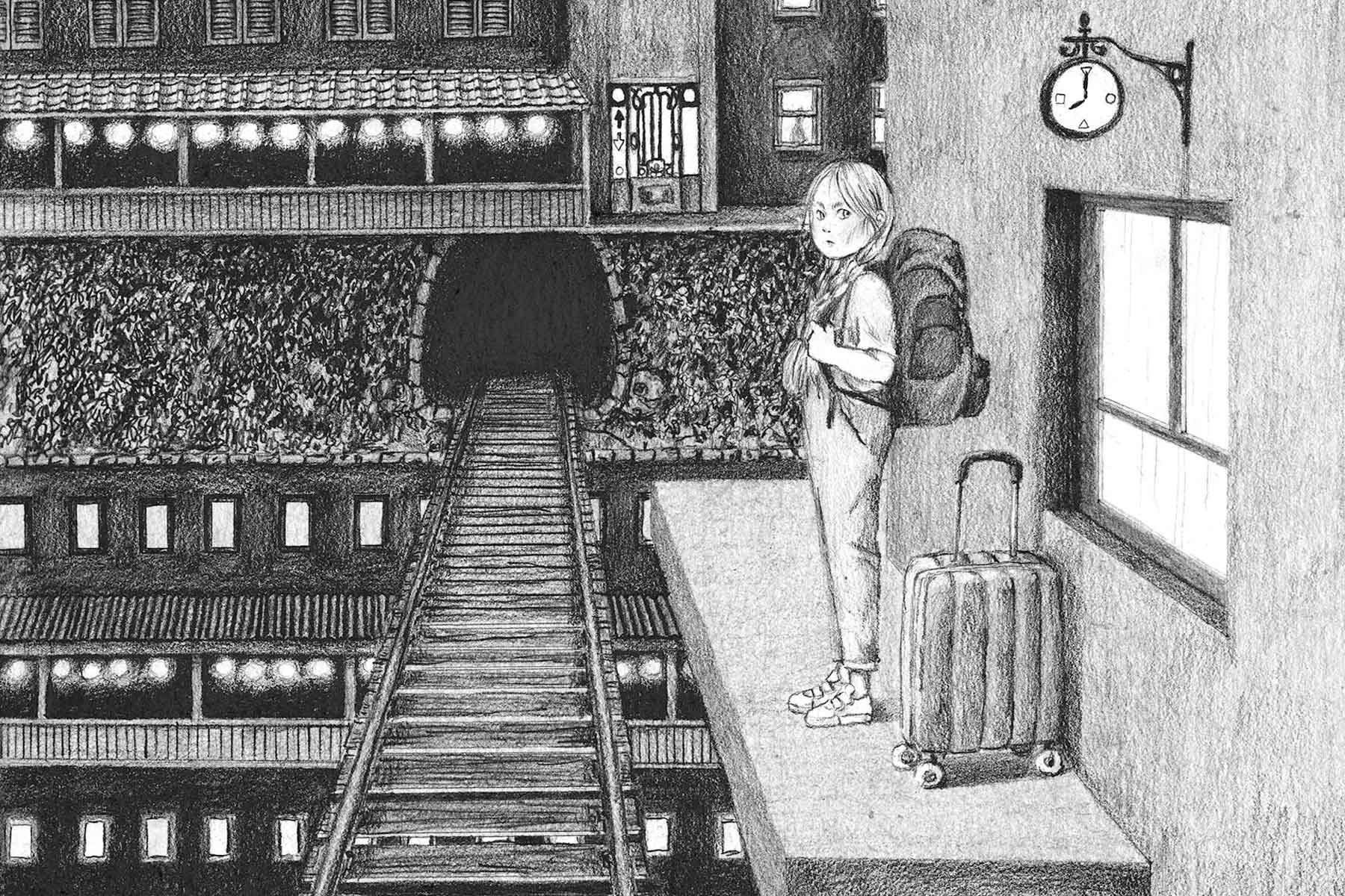 Eine schwarz weiß Illustration von einer Person die am Bahnsteig wartet.