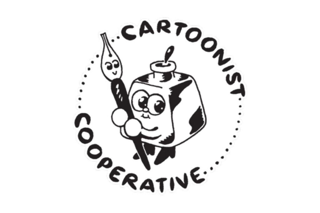 Eine Tuschenfeder und ein Pinselfass umarmen sich und schauen uns grinsend an, währned der Schriftzug Cartoonist Cooperative kreisförmig um sie schwebt.