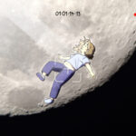 Eine Person schwebt im Weltall mit dem Mond im Hintergrund.