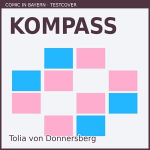 Testcover: Raster aus blauen und rosa Quadraten, Titel „Kompass"
